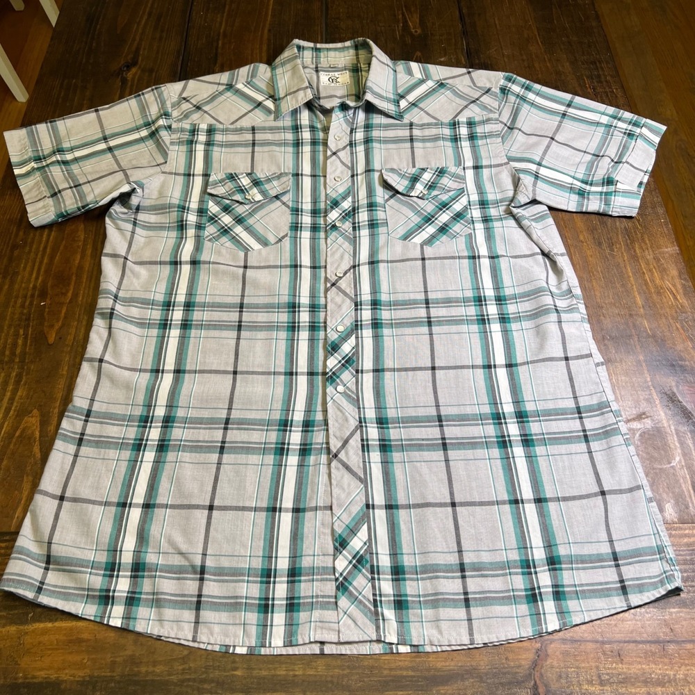 Corral‎ West Ranchwear Mens XL Plaid Western Pearl Snap Short Sleeve Shirt Teal